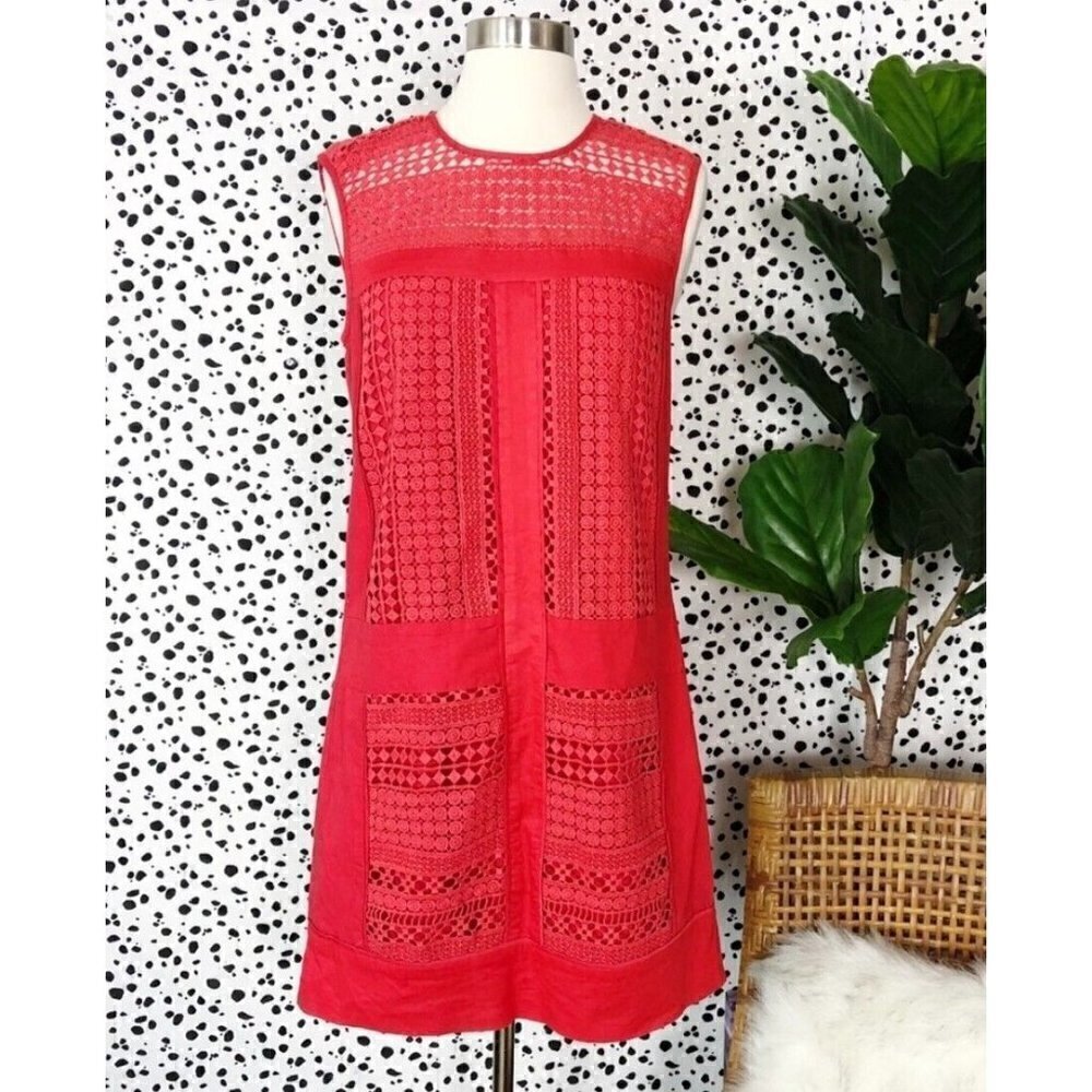 J Crew Sz S Red Crochet Lace Shift Mini Dress Sundress Sleeveless